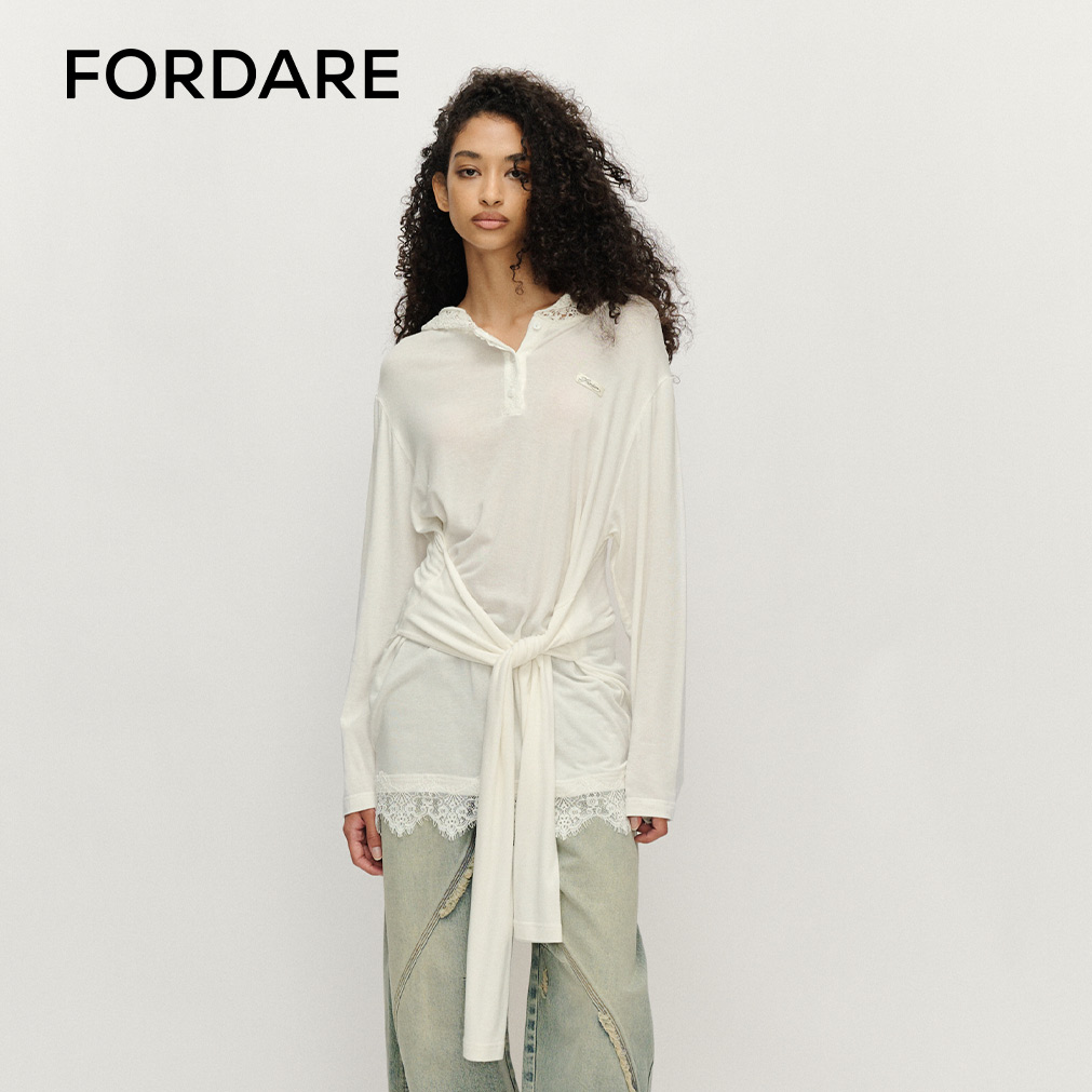 FORDARE/福蝶25春夏解构拼接花边长上衣时尚设计感女