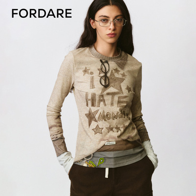 FORDARE/福蝶25早秋趣味假两件3D印花眼镜挂饰打底衫