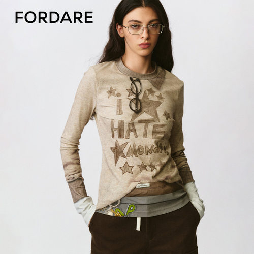 FORDARE/福蝶25早秋趣味假两件3D印花眼镜挂饰打底衫