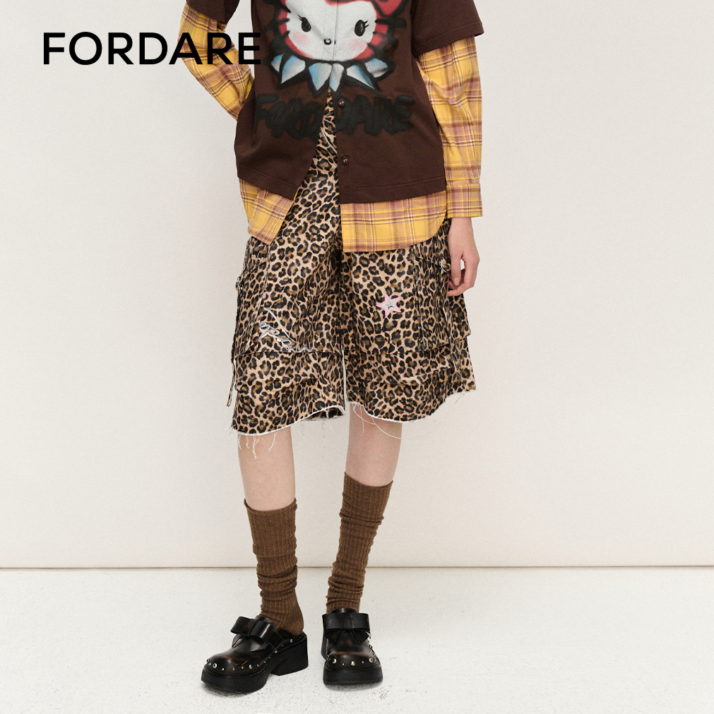 FORDARE/福蝶25春夏蝴蝶结豹纹工装毛边中裤女士宽松裤子