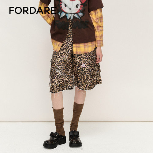 FORDARE/福蝶25春夏蝴蝶结豹纹工装毛边中裤女士宽松裤子