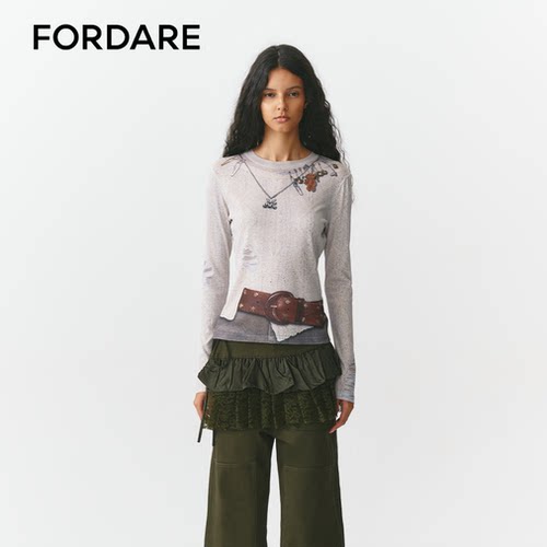 FORDARE/福蝶26秋冬3D感印花破洞针织上衣
