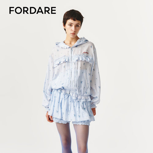 FORDARE/福蝶26春夏碎花条纹刺绣花边运动外套假两件拼接短裤