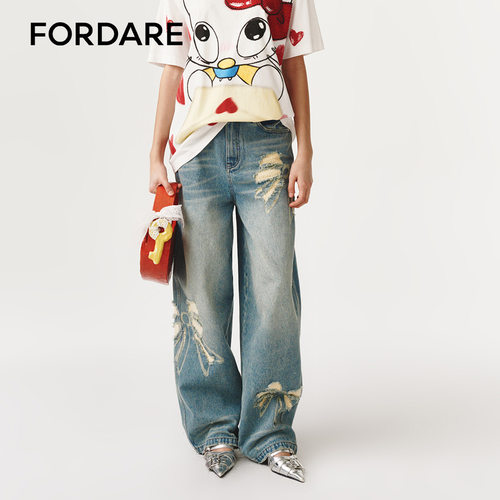 FORDARE/福蝶26早春做旧布丁蝴蝶结牛仔长裤