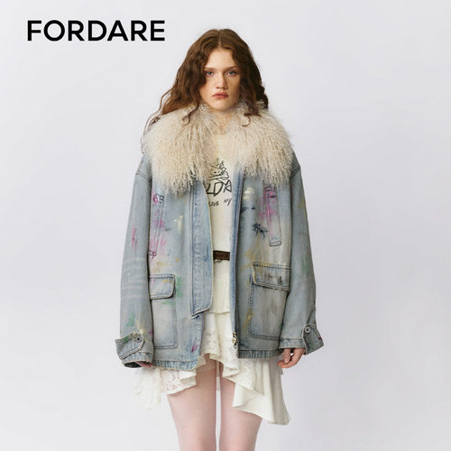 FORDARE/福蝶25秋冬彩色抹脏毛领工装棉服外套