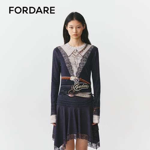 FORDARE/福蝶26秋冬甜酷先锋叠穿印花连衣裙