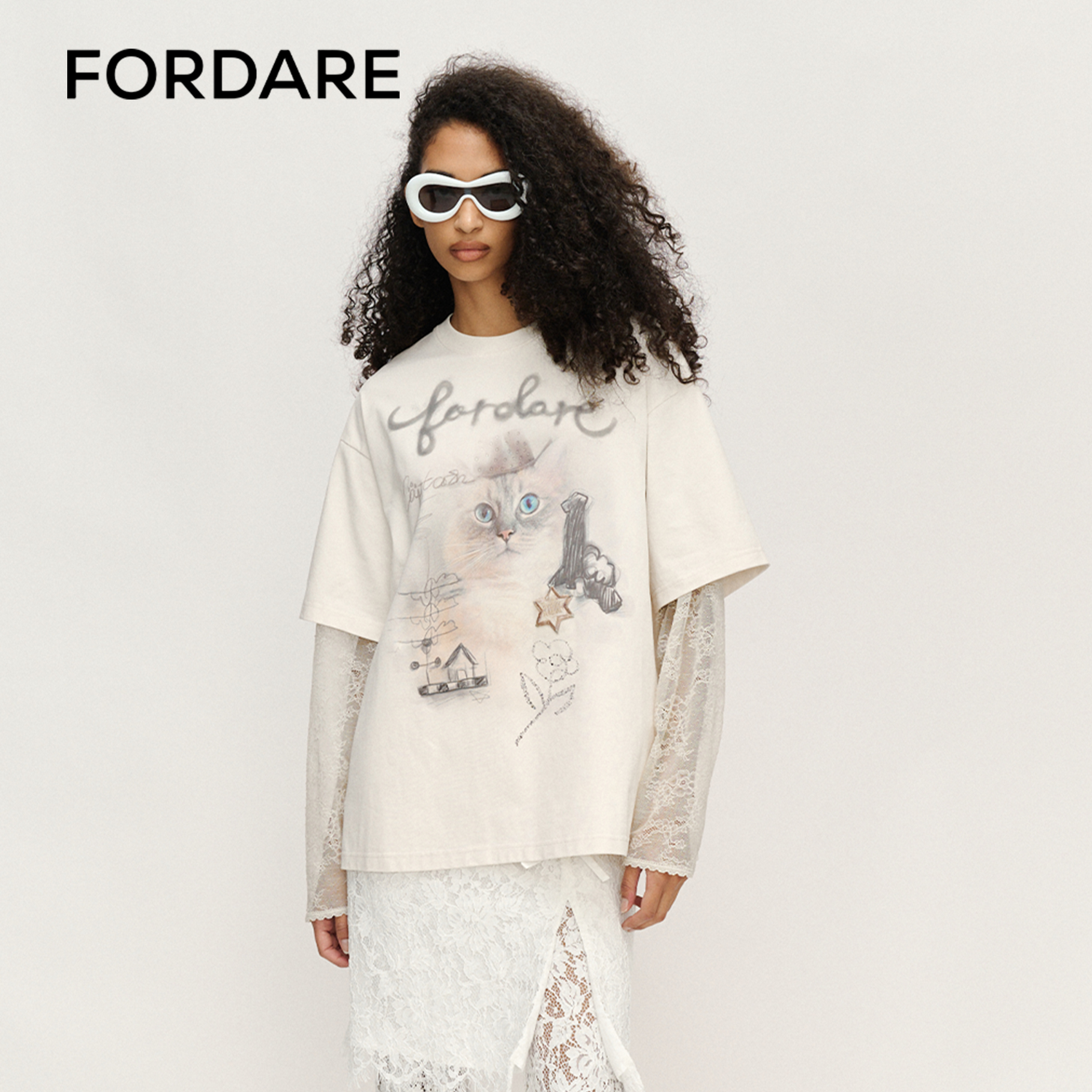 FORDARE/福蝶25春夏猫猫警长涂鸦假两件蕾丝拼接个性女士长袖T恤