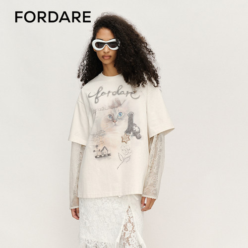 FORDARE涂鸦恶搞趣味长袖蕾丝