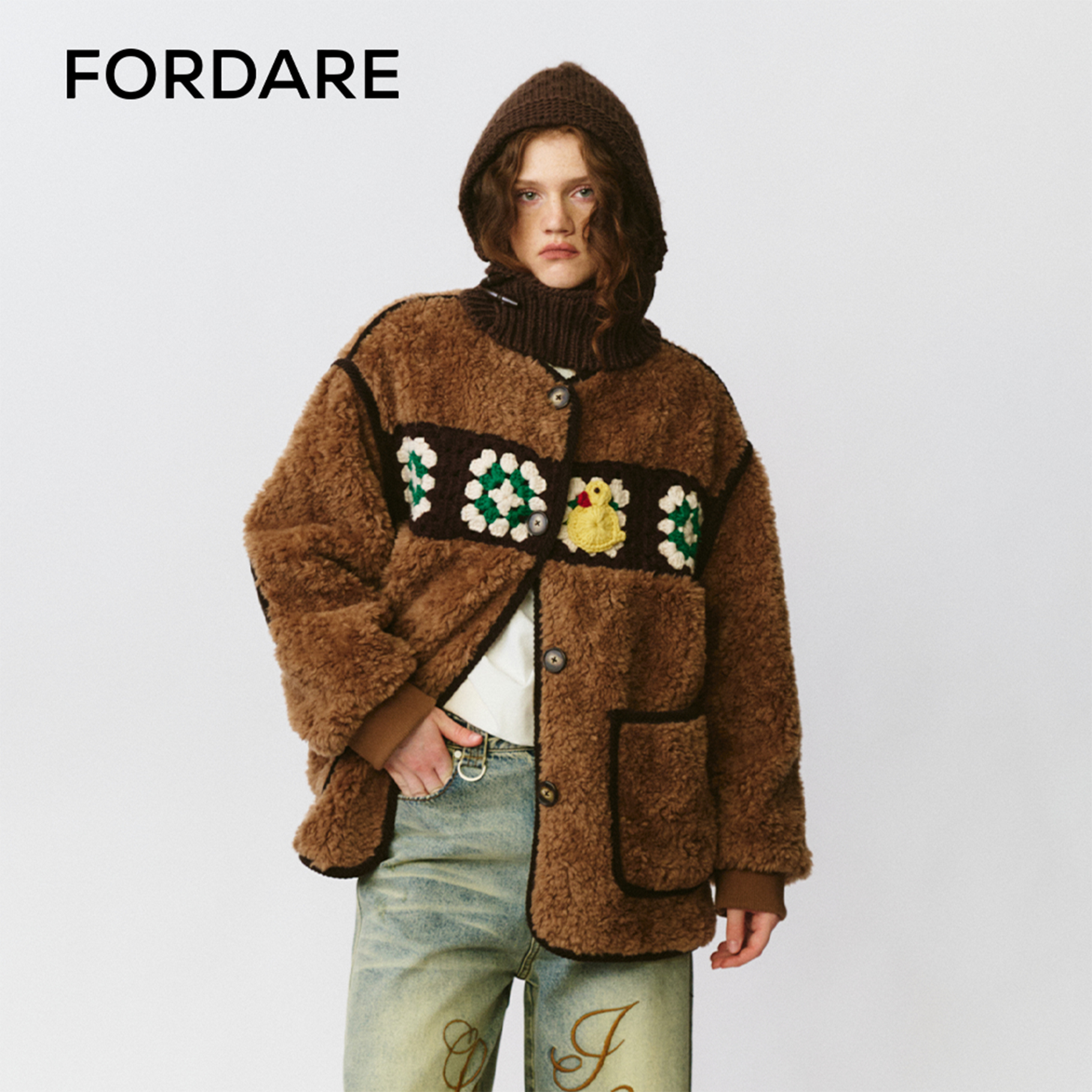 FORDARE/福蝶25秋冬祖母格拼接毛绒外套