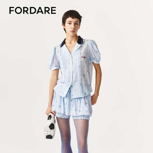 FORDARE/福蝶26春夏碎花条纹镂空花边短袖衬衫
