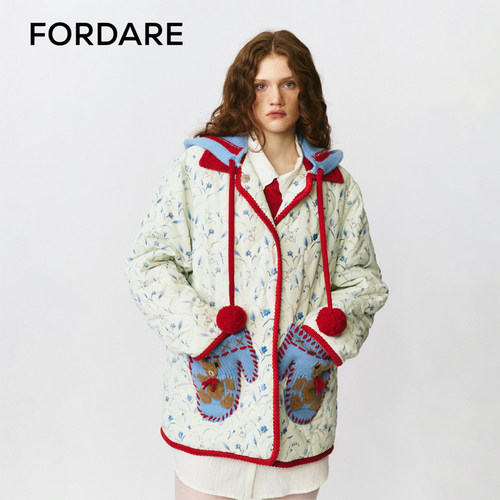 FORDARE/福蝶25秋冬小熊手套毛织连帽棉服外套