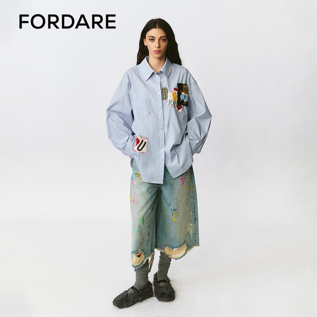 FORDARE/福蝶25早秋复古感碎花拼布领带小熊条纹衬衣