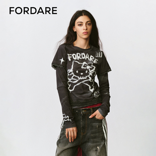 FORDARE/福蝶25秋冬仿洗水假两件涂鸦感蕾丝T
