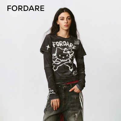 FORDARE/福蝶25秋冬仿洗水假两件涂鸦感蕾丝T