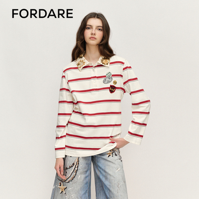 FORDARE/福蝶25春夏重工装饰简约点缀女士上衣条纹POLO领T恤