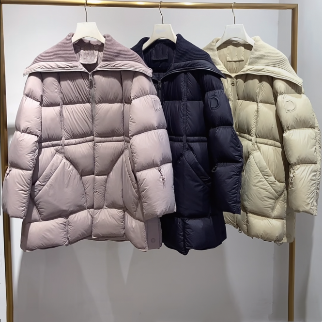 现货商场同款2025冬款女装宽松针织翻领中长款保暖羽绒服 2J4K321