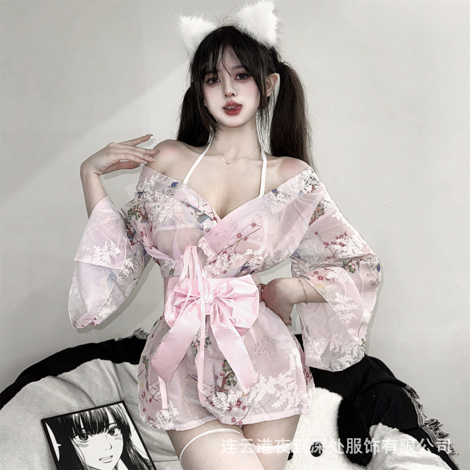 日系性感刺绣和服樱花浴袍连衣裙收腰显瘦诱惑喇叭袖制服短裙qqny