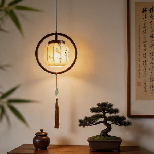宋式美学中古风卧室床头小吊灯复古胡桃木色南洋风布艺护眼吊线灯