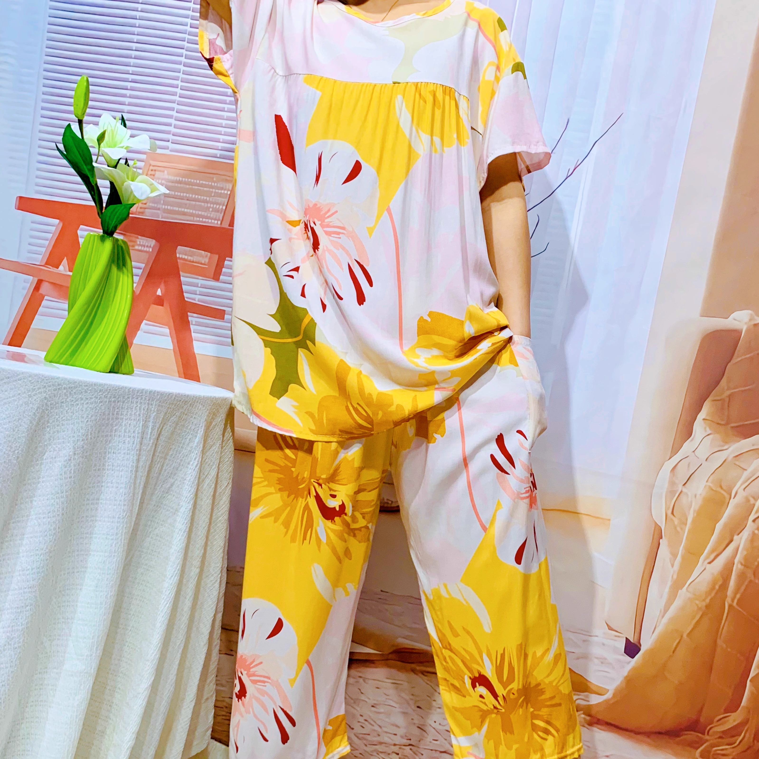 棉绸短袖套装睡衣宽松家居服可外穿新款女士夏季薄款碎花上衣裤子