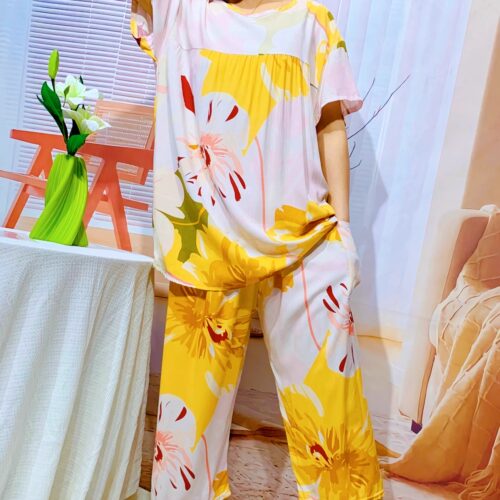棉绸短袖套装睡衣宽松家居服可外穿新款女士夏季薄款碎花上衣裤子