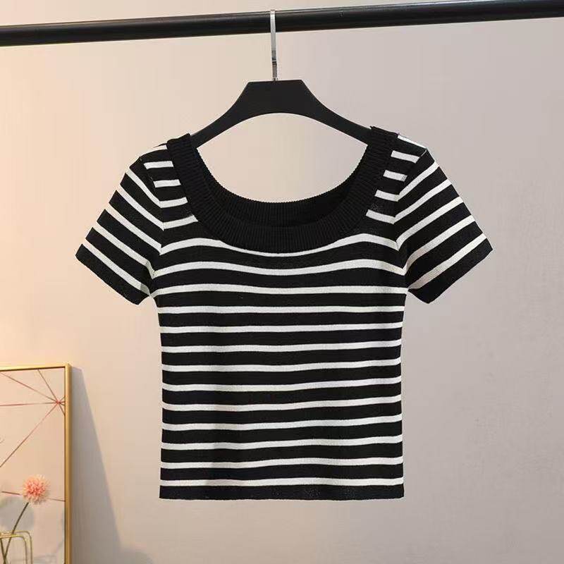 条纹t恤女夏2025年新款爆款洋气短袖u领冰丝针织短款上衣气质百搭