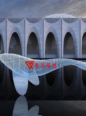 不锈钢铁艺编织镂空鲲鹏鲸鱼海豚雕塑售楼处餐馆空中海洋吊饰定制