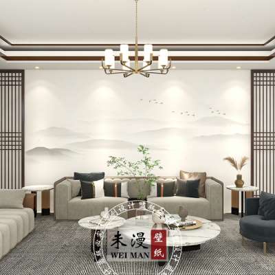 2023现代简约新中式山水禅意电视背景墙壁纸壁画客厅沙发装饰墙布