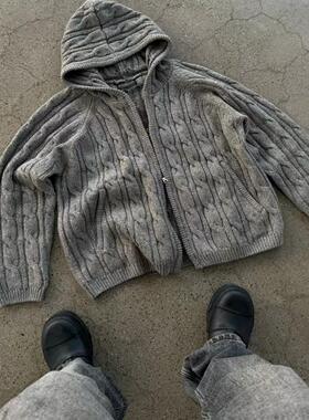 Paris style美丽诺羊毛混纺新贵通勤RL风格Type扭花连帽开衫毛衣