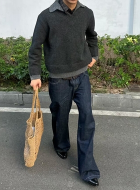 Paris style13.5盎司“青光蓝”A字廓形原牛直筒窄幅红边布牛仔裤