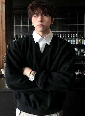 paris style高知识分子boxy短宽假两件拼接上衣v领百搭套头卫衣