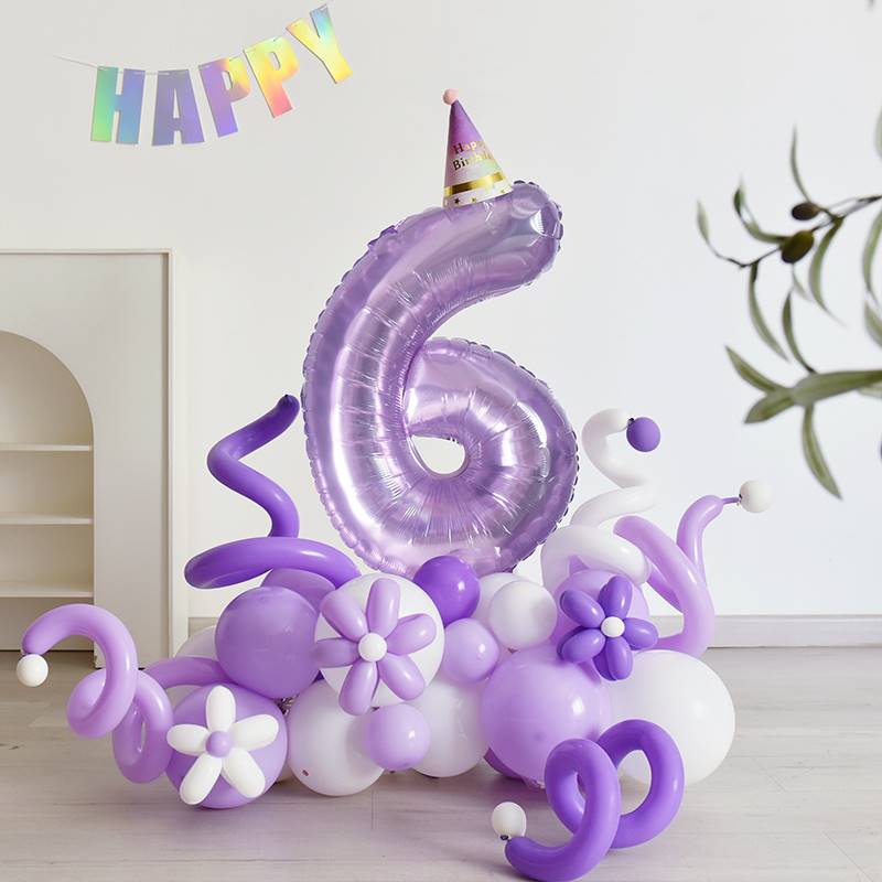 紫色水晶儿童生日数字气球宝宝一周岁派对5场景布置卡通派对装饰