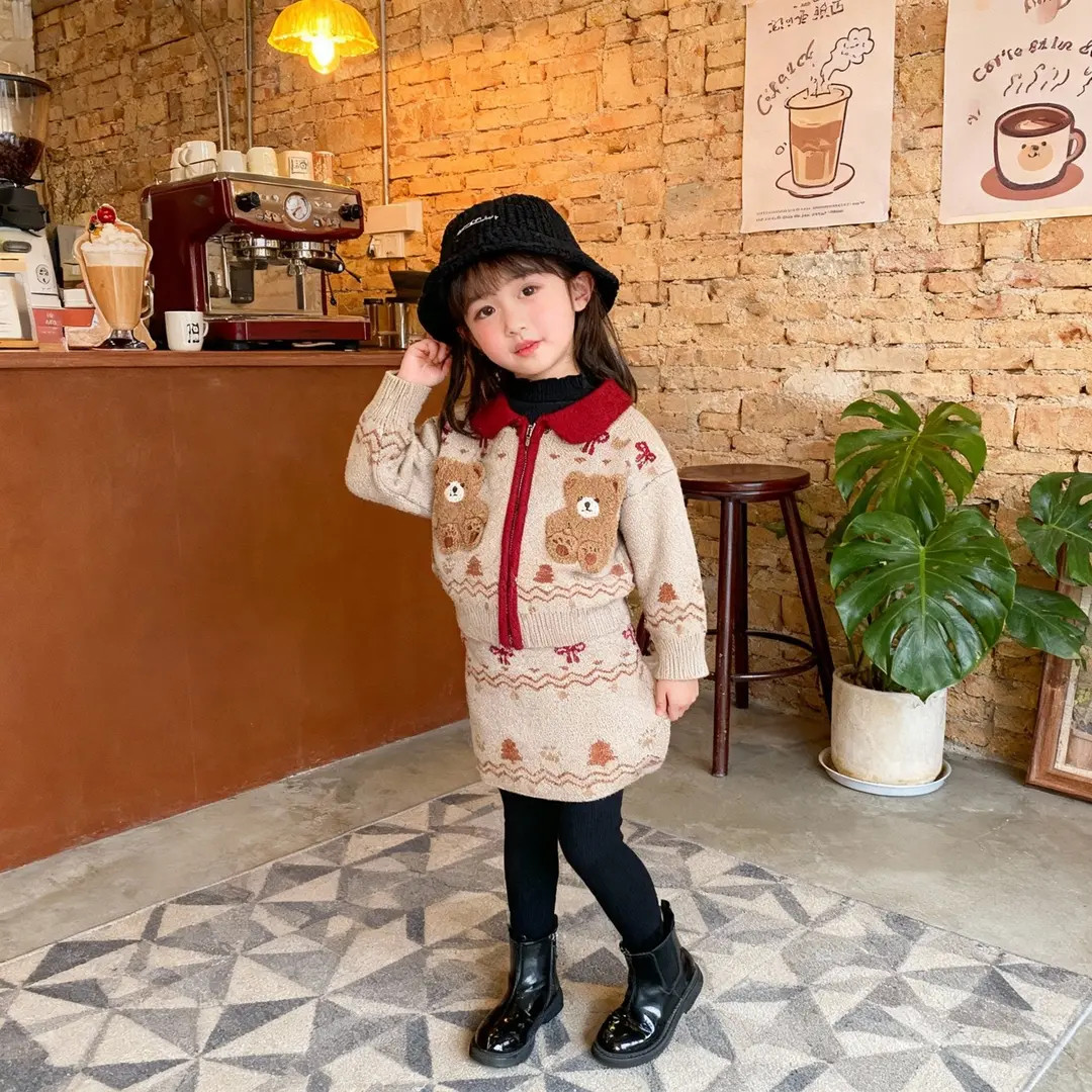 女童新年款冬季年服复古圣诞儿童针织女童毛衣外套半身裙套装刺绣