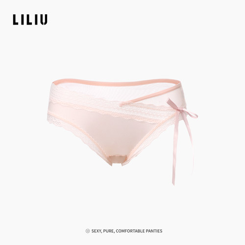 LILIU缎面蕾丝低腰蝴蝶结女内裤