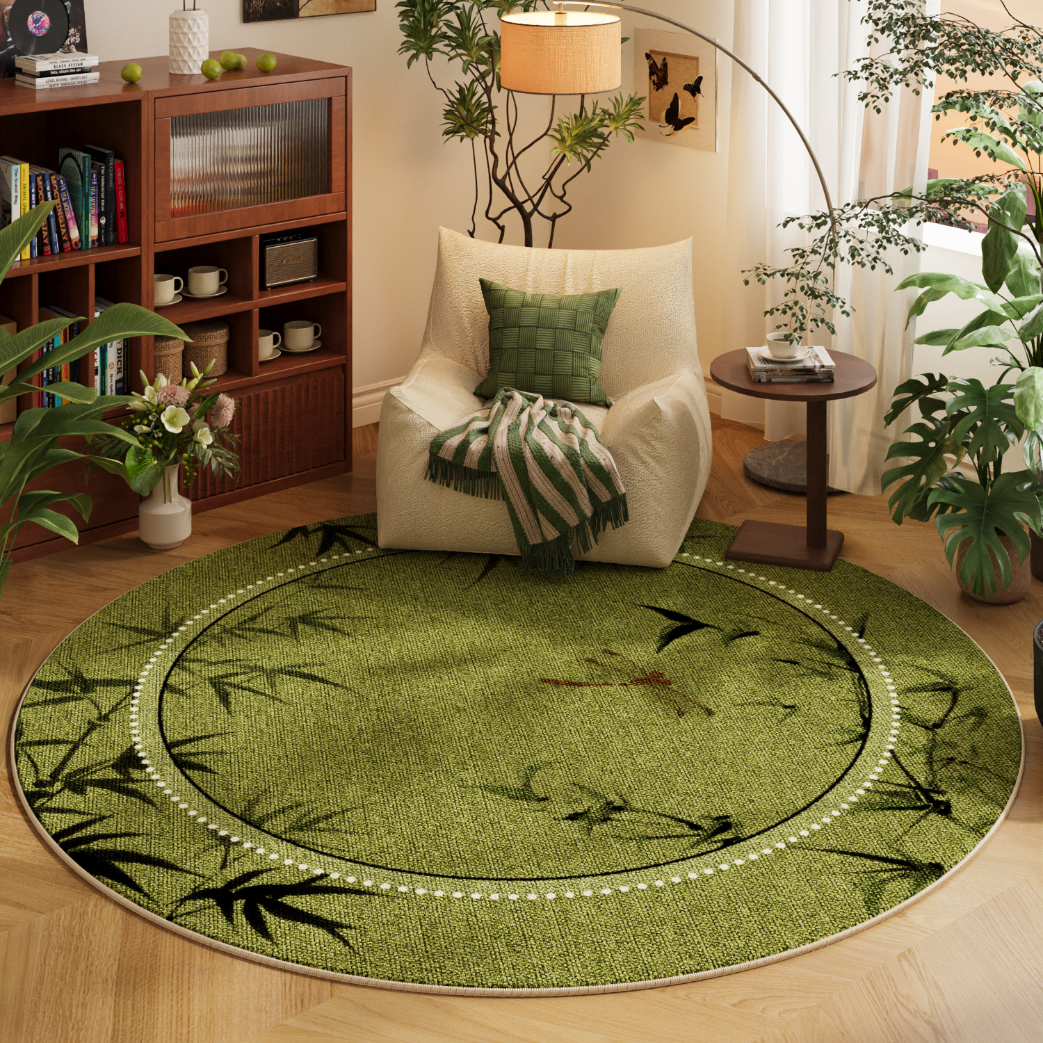 中古风绿色圆形地毯防水防污