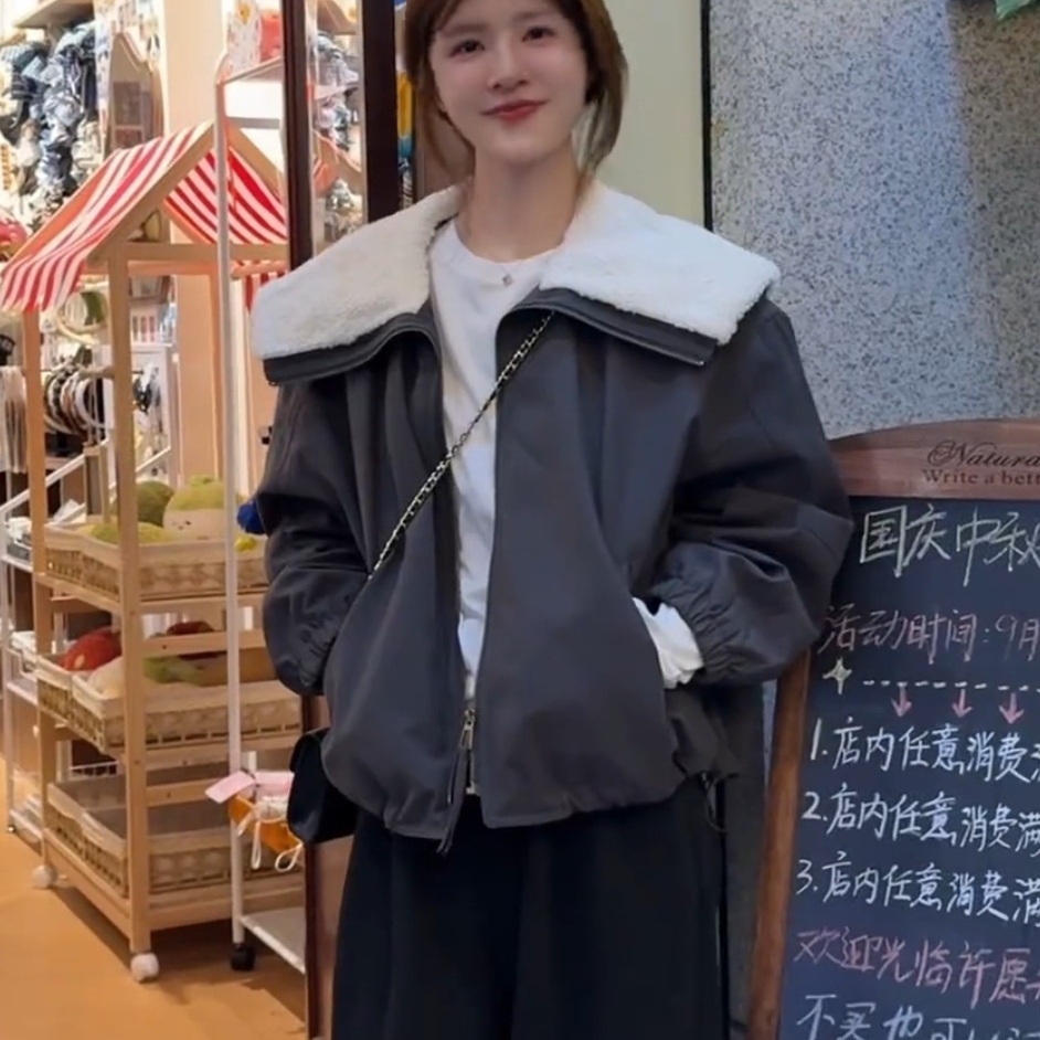 韩系羊羔毛大翻领夹棉外套女秋冬