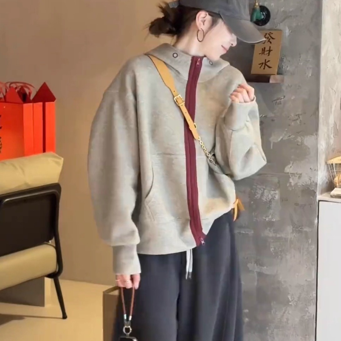 韩系撞色连帽开衫卫衣女秋季新款