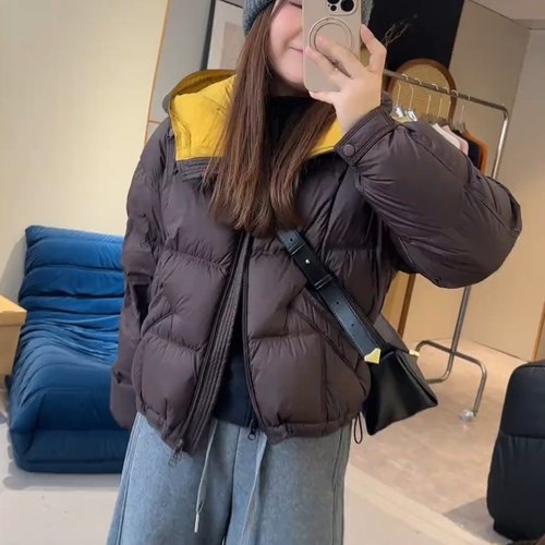 韩系撞色连帽短款羽绒服女冬季
