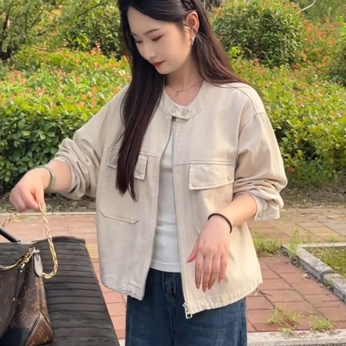 韩系圆领多口袋工装短外套女2026秋季新款小个子宽松百搭显瘦外套