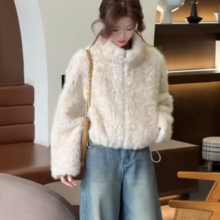 韩系立领羊羔毛短款外套女2025冬季新款宽松显瘦加厚保暖毛毛上衣