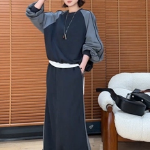 韩系时尚休闲套装女2025秋季新款百搭拼色卫衣+高腰半身裙两件套