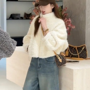 韩系立领羊羔毛外套女2025秋冬新款短款加厚保暖皮毛一体毛毛外套