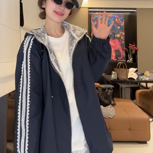 韩系蕾丝拼接连帽短外套女2026春季 宽松显瘦休闲百搭夹克上衣 新款