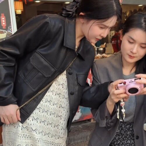 韩系翻领黑色皮衣女春季新款