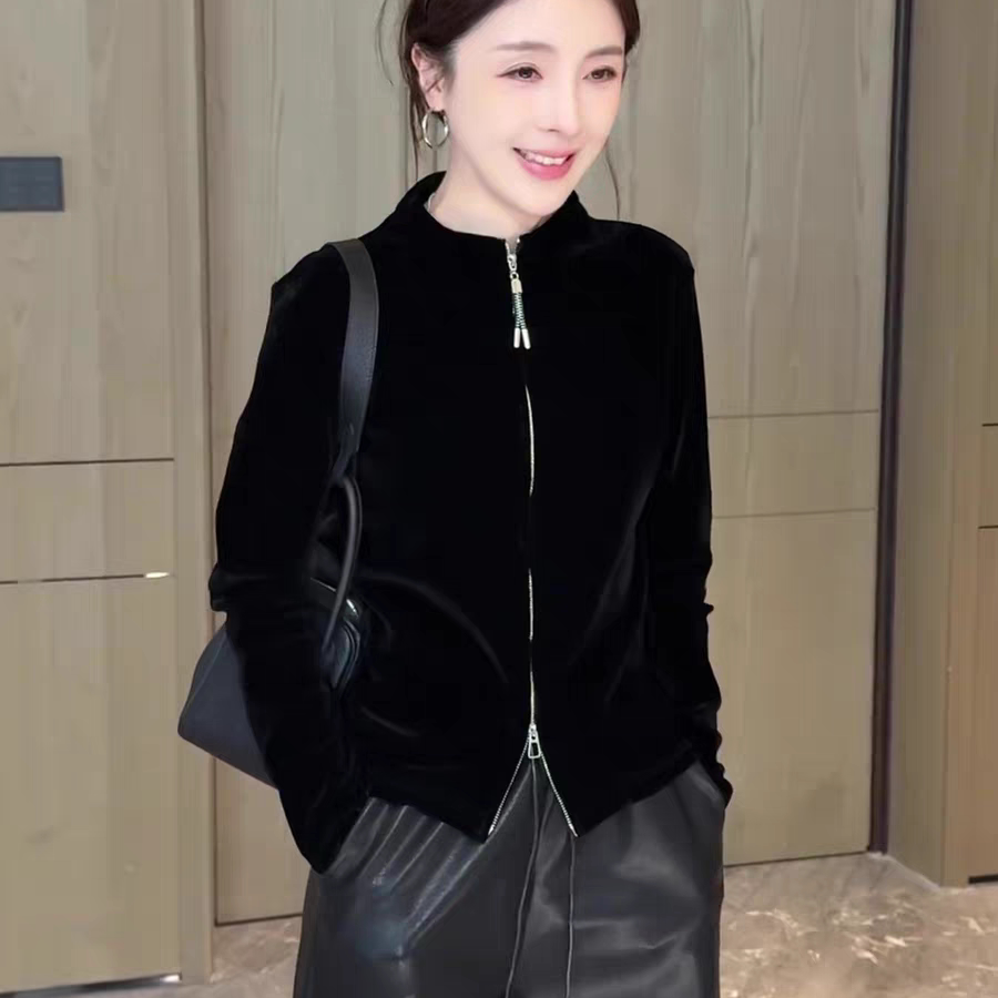 欧货双拉链立领丝绒开衫外套女