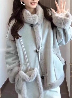 韩系麂皮绒羊羔毛皮毛一体外套女冬季新款小个子立领加厚保暖上衣