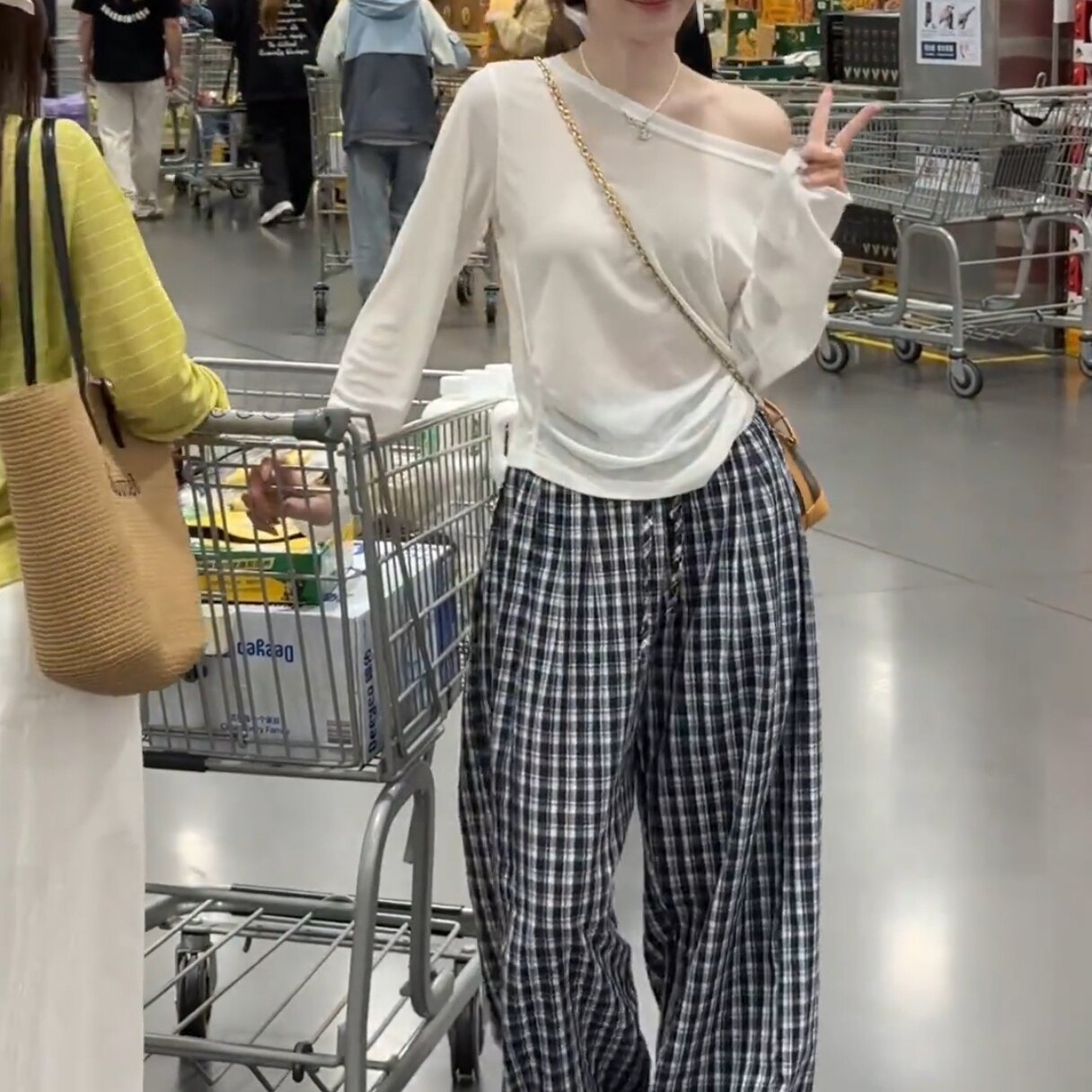 韩系格子薄款直筒阔腿裤女2026夏季新款高腰宽松显瘦百搭休闲长裤