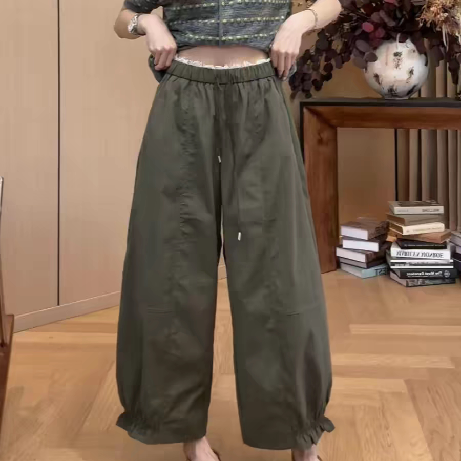 韩系高腰蕾丝腰边阔腿裤女2026夏季新款宽松百搭显瘦直筒九分裤子