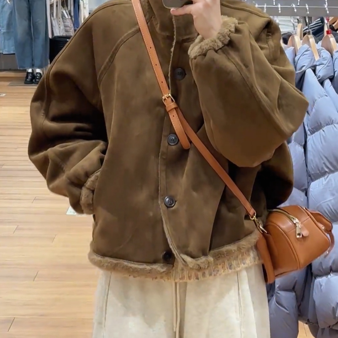 韩系立领麂皮绒皮毛一体外套女