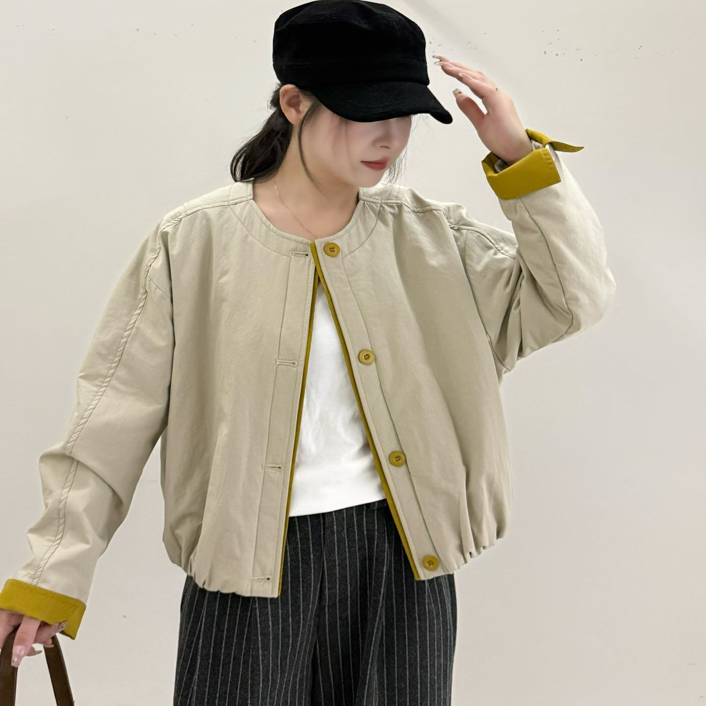 韩系撞色圆领短款棉服外套女