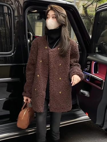 时尚气质双排扣毛毛外套秋冬新款高级感宽松百搭中长款羊羔毛上衣